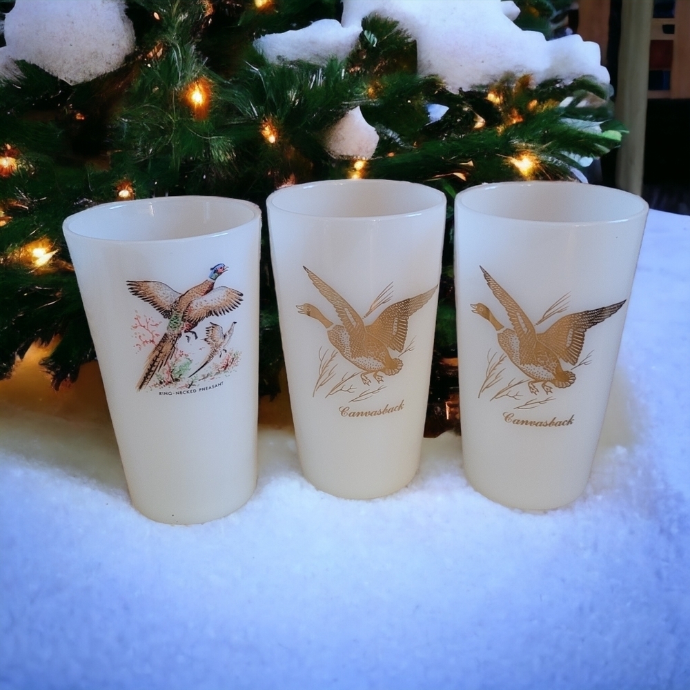 Federal Milk Glass Tumblers Wild Game Set of 3 Mallard Duck Glasses Vintage